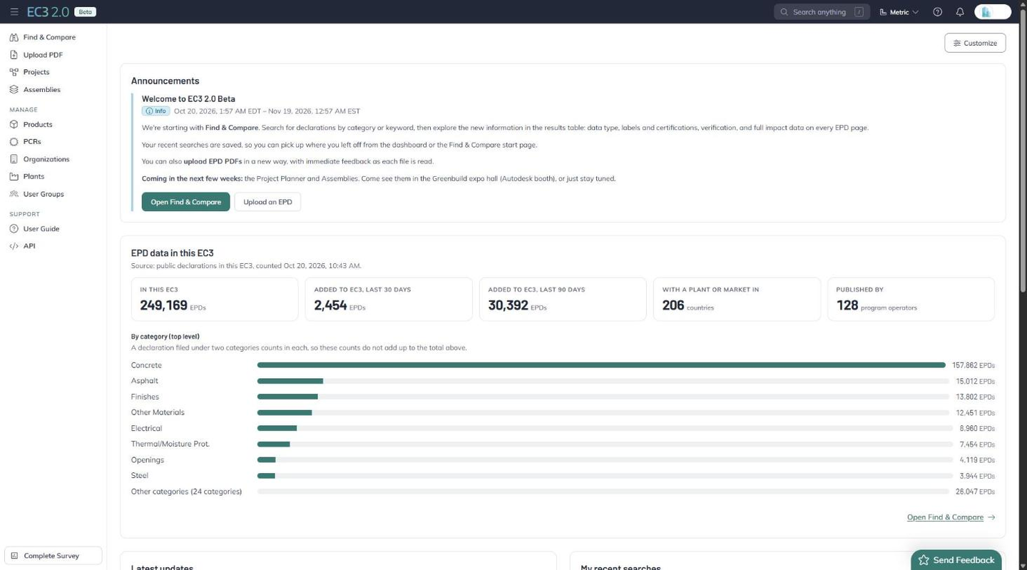 EC3 2.0 Beta Home page with the left navigation expanded, showing Complete Survey at the foot of the navigation and the Send Feedback button at the bottom right of the screen