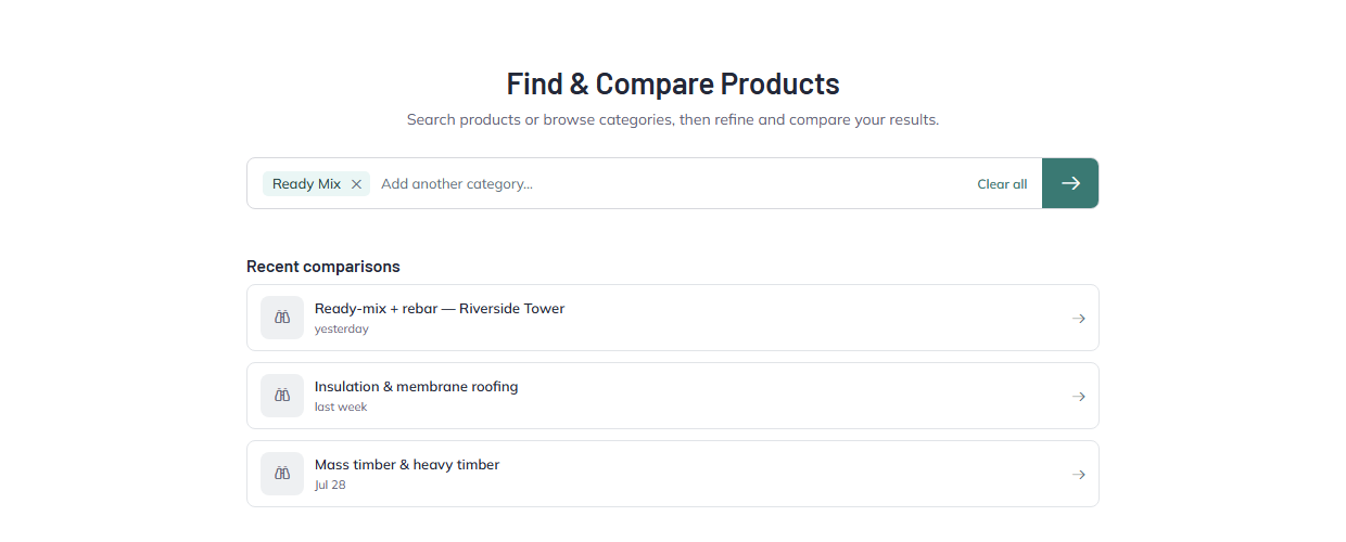 Find and Compare entry screen with the Ready Mix chip still in the search box