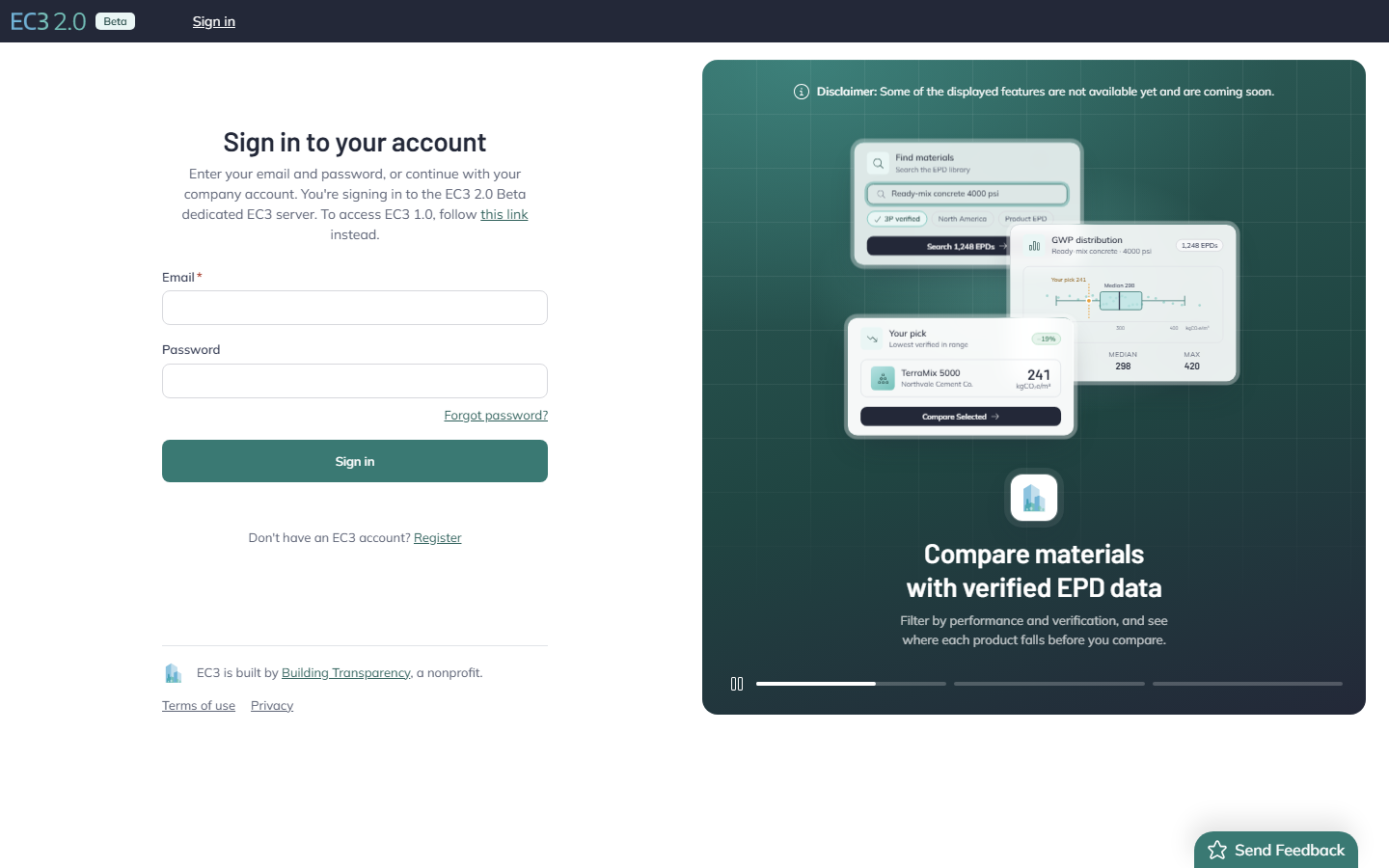 EC3 2.0 Beta sign-in page with Email and Password fields, a Forgot password link, a Sign in button and a Register link, next to a product preview panel