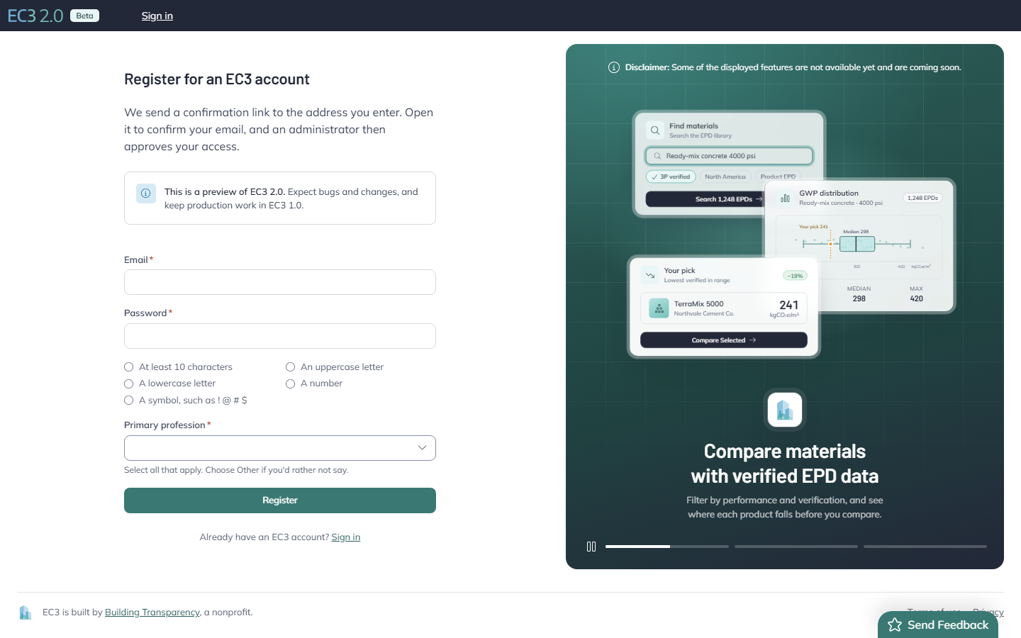 EC3 2.0 Beta register page with Email and Password fields, the password rules checklist, a required Primary profession field and a Register button, next to a product preview panel