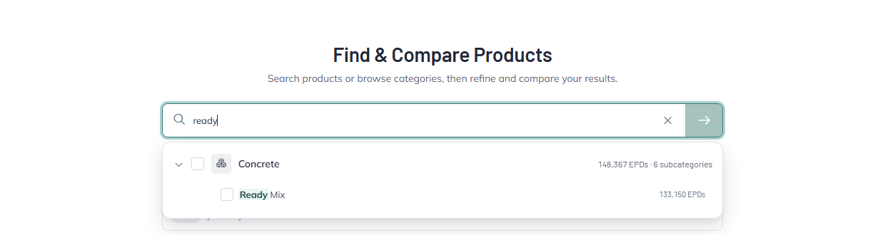 Search box with the text ready, showing Concrete and Ready Mix as suggestions with EPD counts