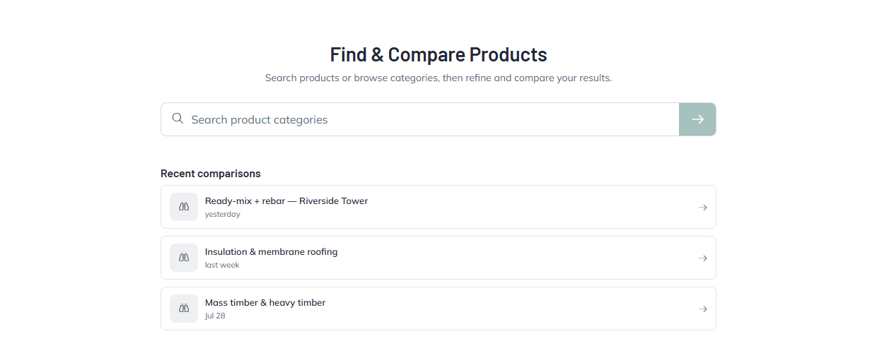 Find and Compare entry screen with a search box and a list of three recent comparisons